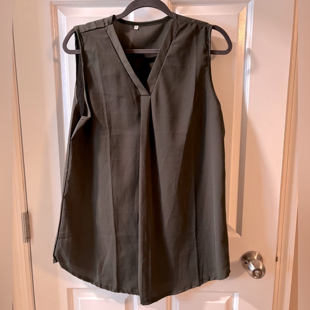 Army green sheer sleeveless blouse